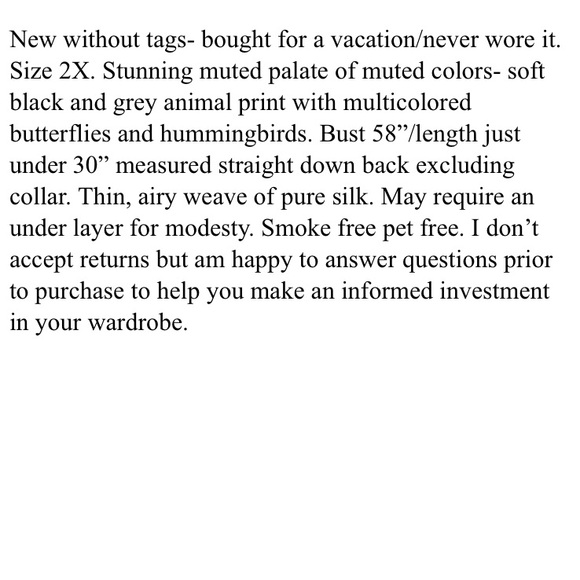 2X 3X Johnny Was blooming silk blouse butterflies hummingbirds 58” bust 30” long - Picture 3 of 3